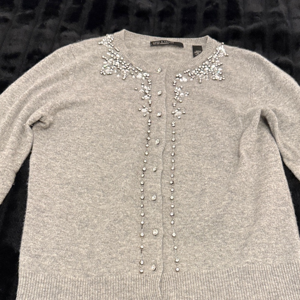 Lord & Taylor Light Gray Embellished Cardigan